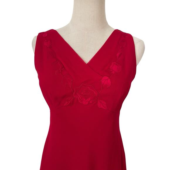 Vtg 90s Petite Sophisticate Red Sleeveless Red Dress Embroidered Floral Sz 2 - Picture 2 of 7